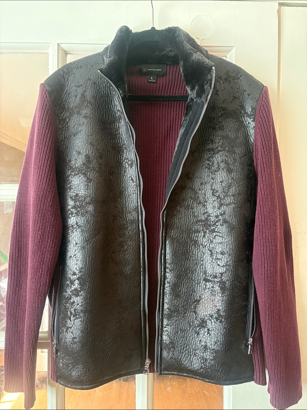 Mens I.N.C. Faux Shearling Front Jacket with Burgundy Knit Sleeves